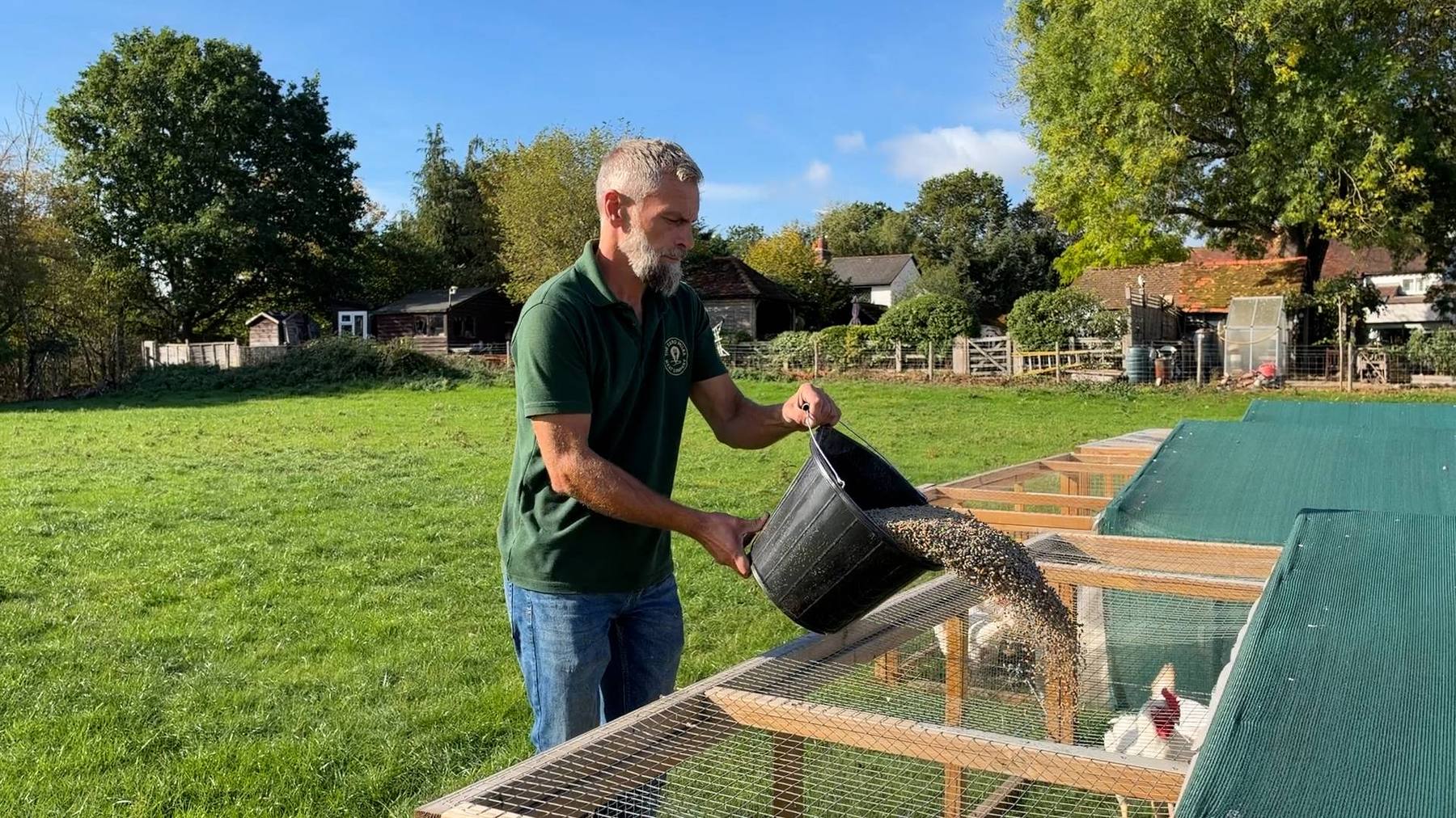 A Zero Miles farmer feeding chickens in an on-farm hub